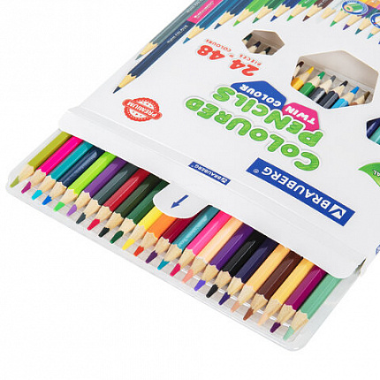 Карандаши цветные мягкие двусторонние BRAUBERG PREMIUM TWIN COLOUR, 24 штуки, 48 цветов, 181875