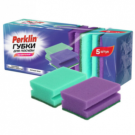 Губки для посуды 8х6х4см, ПРОФИЛЬНЫЕ, КОМПЛЕКТ 5 штук, поролон/абразив, PERKLIN (ПЕРКЛИН), 702730