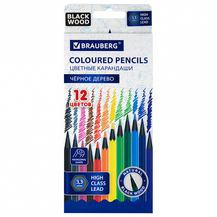 Карандаши цветные BRAUBERG, 12 цветов, черное дерево, грифель мягкий 3,3 мм, 181856