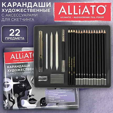 Карандаши художественные с аксессуарами для скетчинга, НАБОР 22 предмета, метал.кейс ALLIATO, 182164