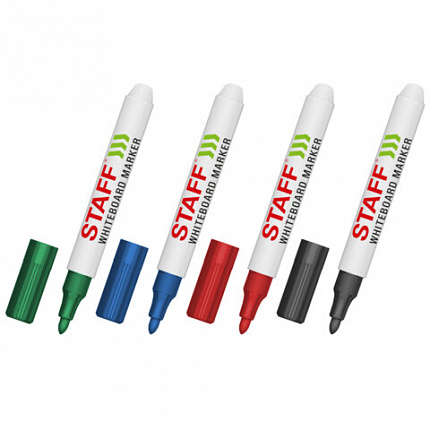 Маркеры стираемые для белой доски НАБОР 4 ЦВЕТА, STAFF "BASIC" WBM-200, 1-3 мм, ххххх, 152639