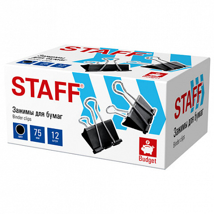 Зажимы для бумаг ПОВЫШЕННОЙ ВМЕСТИМОСТИ STAFF ECO, КОМПЛЕКТ 12шт, 75 мм, на 340 л., черные, картонная коробка, 274043