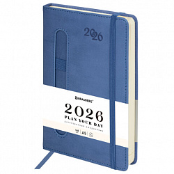 Ежедневник датированный 2026, А5, 138x213 мм, BRAUBERG "Optimal", под кожу, резинка, держатель для ручки, синий, 117464