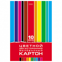 Картон цветной А4, 2-сторонний, МЕЛОВАННЫЙ, 10 листов, 10 цветов, в папке, HATBER, 195х280 мм, "Creative Set", 095545, 10Кц4_05934