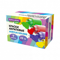 Краски акриловые художественные 6 цветов в банках по 22 мл, BRAUBERG HOBBY, 192409