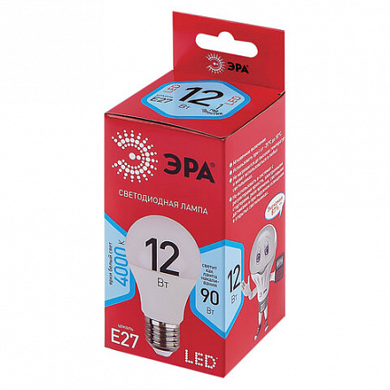 Лампа светодиодная ЭРА, 12 (90) Вт, цоколь Е27, груша, нейтральный белый, 25000 ч, LED A60-12W-4000-E27, Б0049636