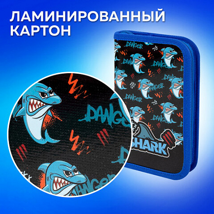 Пенал ПИФАГОР, 1 отделение, ламинированный картон, 19х11 см, "Angry shark", 272243