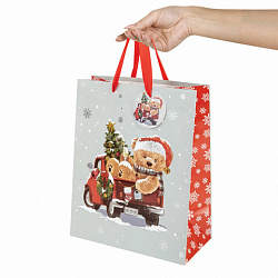 Пакет подарочный КОМПЛЕКТ 4 штуки новогодний 26x13x32 см, "Новогодний мишка", ЗОЛОТАЯ СКАЗКА, 592121