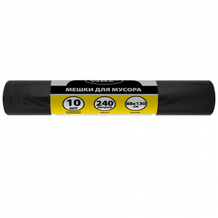 Мешки для мусора 240л черные в рулоне 10 штук, ПВД 50 мкм, 88x130см, WBZ, 702680