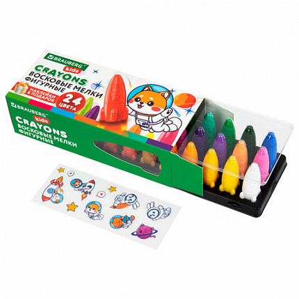 Восковые мелки фигурные BRAUBERG KIDS "РАКЕТА", НАБОР 24 цвета + НАКЛЕЙКИ В ПОДАРОК, 273083