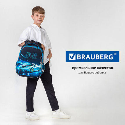 Ранец BRAUBERG PREMIUM, 2 отделения, с брелоком, "Night race", 3D-панель, 38х29х16 см, 272014