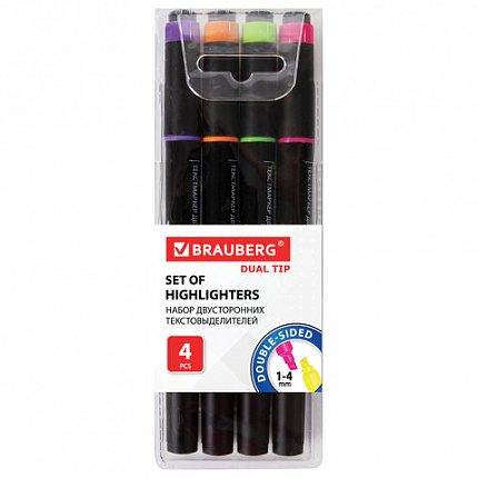 Набор текстовыделителей двусторонних BRAUBERG 4 шт., АССОРТИ, линия 1-4 мм, 150845