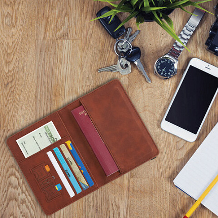 Обложка для паспорта и документов с защитой от считывания, 9 карманов, резинка, экокожа, коричневая, BRAUBERG, 238751