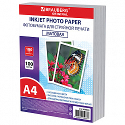 Фотобумага матовая, А4, 180 г/м2, односторонняя, 100 листов, ПАКЕТ, BRAUBERG ORIGINAL, 364430