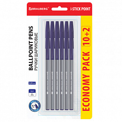Ручки шариковые с грипом BRAUBERG "i-STICK POINT", НАБОР 10+2 ШТ., СИНИЕ, линия письма 0,35 мм, блистер,144025