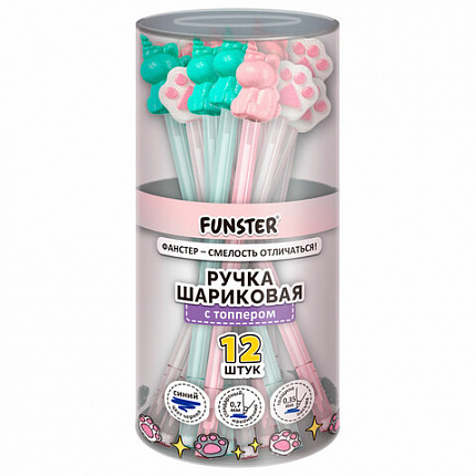 Ручка с топпером с блёстками шариковая масляная FUNSTER "SHINY MIX", СИНЯЯ, корпус ассорти, пишущий узел 0,7мм, линия письма 0,35 мм, 144371