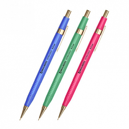 Карандаш механический 0,5 мм, HB, BRAUBERG EXTRA GOLD, ластик, корпус SOFT TOUCH, ассорти, 181963