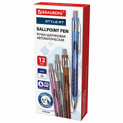 Ручка шариковая автоматическая с грипом BRAUBERG "STYLE RT", СИНЯЯ, игольчатый наконечник 0,7 мм, линия письма 0,35 мм, 144324