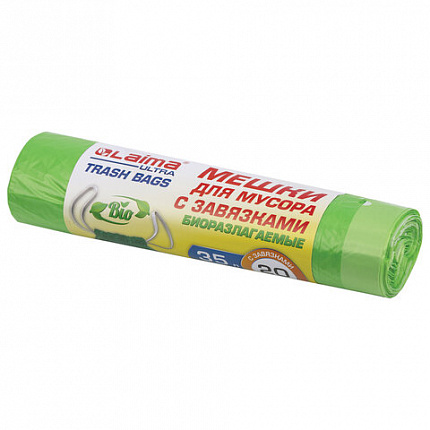 Мешки для мусора биоразлагаемые с завязками LAIMA "ULTRA" 35 л, рулон 20 шт., прочные, ПНД 15 мкм, 50х60 см, 607688