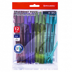 Ручки шариковые BRAUBERG X-30 COLOR MIX, КОМПЛЕКТ 12 ШТ., СИНИЕ, пишущий узел 1 мм, линия письма 0,5 мм, 144336