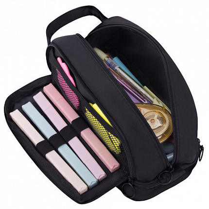 Пенал-органайзер HEIKKI (ХЕЙКИ) с ручкой, значки, 2 отделения, откидная планка, 22x13х10 см, черный, 273599