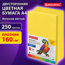 Бумага цветная ПЛОТНАЯ BRAUBERG, А4, 160 г/м2, 250 л., желтая, интенсив, для печати, творчества, 116674