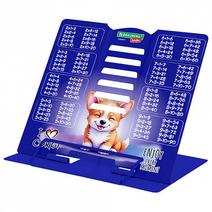 Подставка для книг и учебников BRAUBERG KIDS mini "Корги" с таблицей умножения, регулируемый угол наклона, металлическая, 238971
