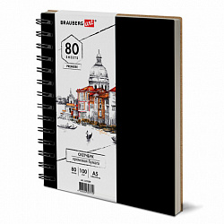 Скетчбук, слоновая кость 100 г/м2, 148х210 мм, 80 л., гребень, твердая обложка, BRAUBERG ART PREMIERE, 115109 