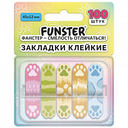 Закладки клейкие Z-сложения FUNSTER (ФАНСТЕР) "Лапки собак", 45х12 мм, 100 шт. (5 цветов х 20 листов), в диспенсере, 116693