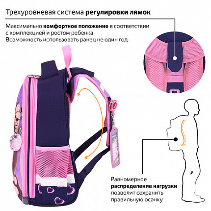 Ранец BRAUBERG PREMIUM, 2 отделения, с брелоком, "Кошачьи лапки", велюровая панель, 38х29х16 см, 273098