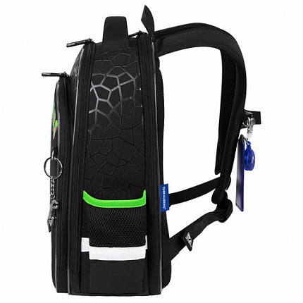 Ранец BRAUBERG QUADRO, 3 отделения, с брелком, "Tyrannosaur", СВЕТЯЩИЙСЯ, 37х28х18 см, 272021