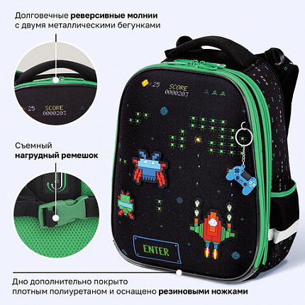 Ранец BRAUBERG PREMIUM, 2 отделения, с брелоком, "Атака", патчи на липучках, 38х29х16 см, 273104