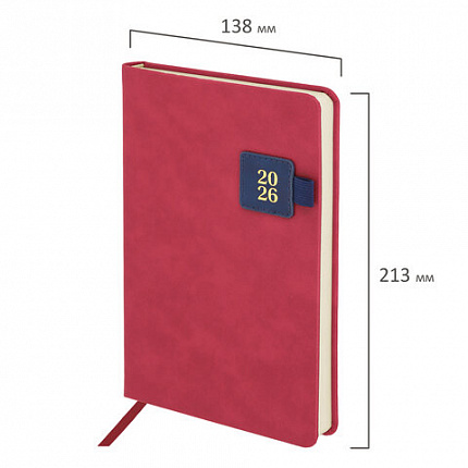 Ежедневник датированный 2026 А5 138х213 мм, BRAUBERG "Accent", под кожу, держатель, красный/синий, 117384