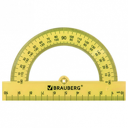 Транспортир пластиковый 10 см, 180 градусов, BRAUBERG, прозрачный, неоновый, ассорти, 210847