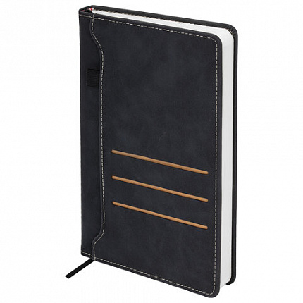 Ежедневник недатированный А5 138х213 мм, BRAUBERG "Slot", под кожу, держатель для ручки, 160 листов, черный, 116605