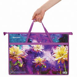 Папка для рисунков и чертежей с ручками BRAUBERG А3, пластик, молния сверху, "Flowers", 270146