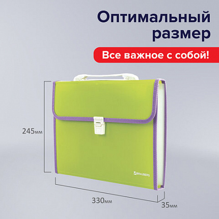 Папка-портфель пластиковая BRAUBERG "JOY", А4 (330х245х35 мм), 13 отделений, с окантовкой, салатовая, 227974