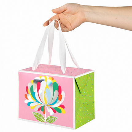 Пакет-коробка подарочный (1 штука) ассорти "Happy Birthday"/"Цветок", глиттер/тиснение фольгой, ламинация 15х9х11 см, 81273, 90074, 81273