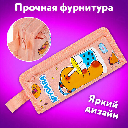 Пенал ЮНЛАНДИЯ ЮНИОР, 2 отделения, с ручкой, полиэстер, "Capybara", 21х8х6 см, 273814