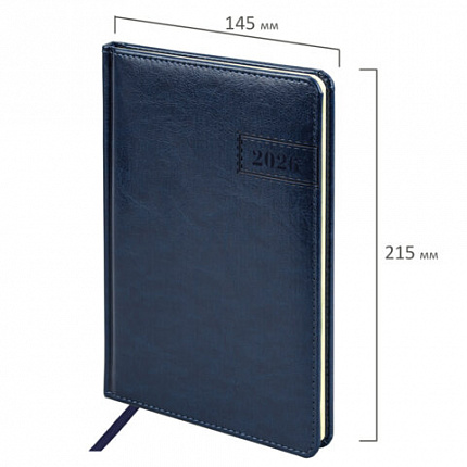 Еженедельник датированный 2026, А5, 145х215 мм, BRAUBERG "Imperial", под кожу, синий, 117174