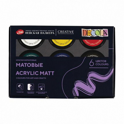 Краски акриловые матовые "Декола", 6 цветов по 20 мл, в банках, Невская Палитра, 143411020