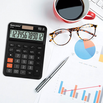 Калькулятор настольный BRAUBERG DC-118-BK (175х126 мм), 12 разрядов, двойное питание, черный, 272962