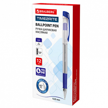 Ручка шариковая масляная с грипом BRAUBERG "Time2rite", СИНЯЯ, узел 0,7 мм, линия письма 0,35 мм, 142683