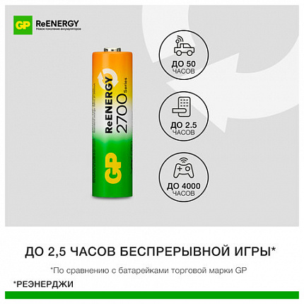 Батарейки аккумуляторные GP ReEnergy Ni-Mh пальчиковые КОМПЛЕКТ 4 шт., АА (HR6), 2600mAh, 270AAHCRGY, 270AAHCRGY-2CRC
