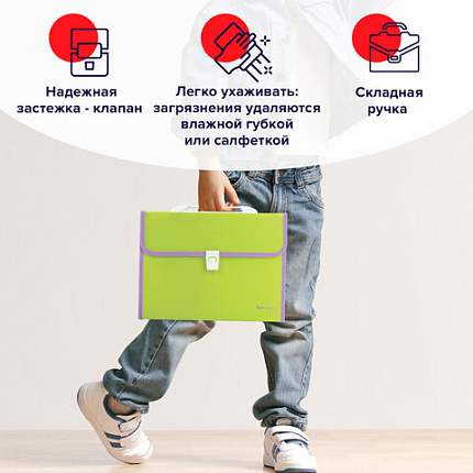 Папка-портфель пластиковая BRAUBERG "JOY", А4 (330х245х35 мм), 13 отделений, с окантовкой, салатовая, 227974