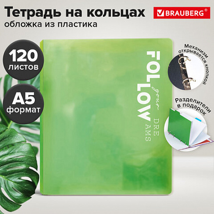 Тетрадь на кольцах А5 175х220, 120л, пластик, разделители, BRAUBERG, САЛАТОВЫЙ, 405260