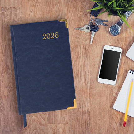 Ежедневник датированный 2026, А5, 138x213 мм, BRAUBERG "Senator", под кожу, синий, 117091