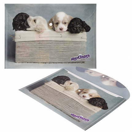 Папка-конверт с кнопкой ЮНЛАНДИЯ "Щенки", А4, 160 мкм, до 100 листов, цветная печать, 228050