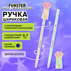 Ручка с акриловым топпером шариковая FUNSTER (ФАНСТЕР) "KITTY PAW", СИНЯЯ, ассорти, пишущий узел 0,7 мм, линия письма 0,35 мм, 144374