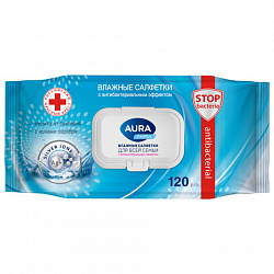 Салфетки влажные 120 шт., AURA Family, антибактериальные, для всей семьи, крышка клапан, 92342, 14622